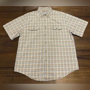 Carhartt Men’s XL Short Sleeve Plaid Button-Down Tan Blue Red Lightweight Cotton
